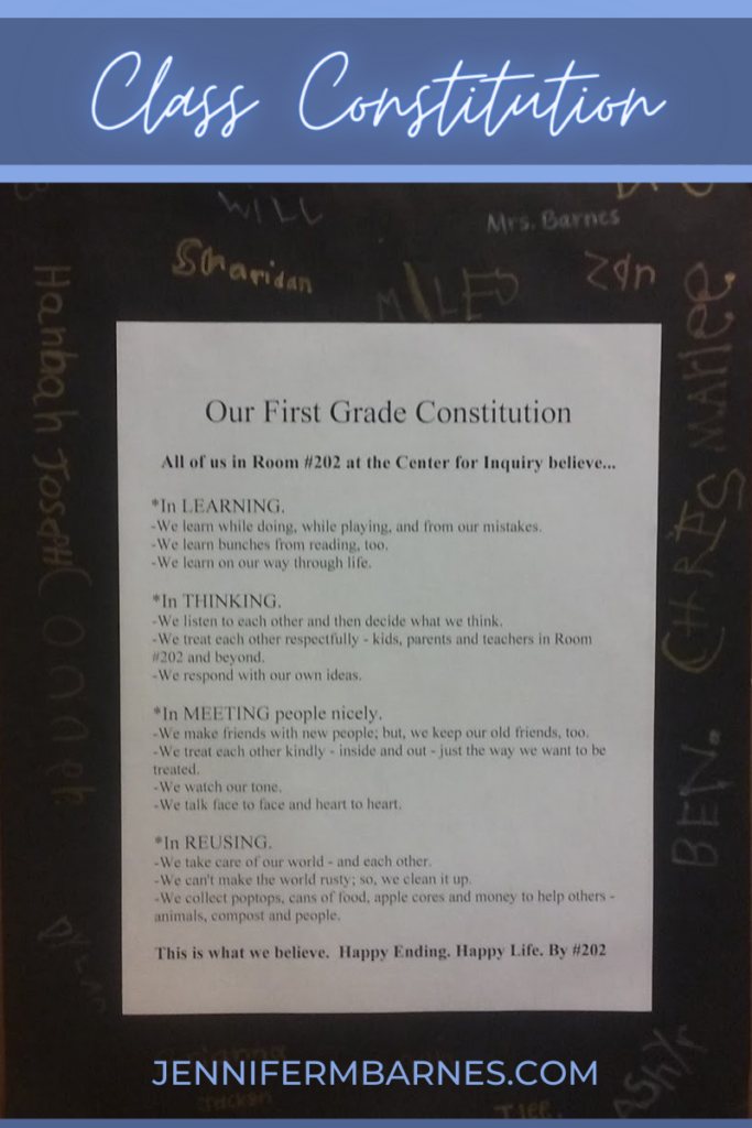 Photograph of a class constitution written directly from children's thoughts and ideas - and all signed by the children in the class