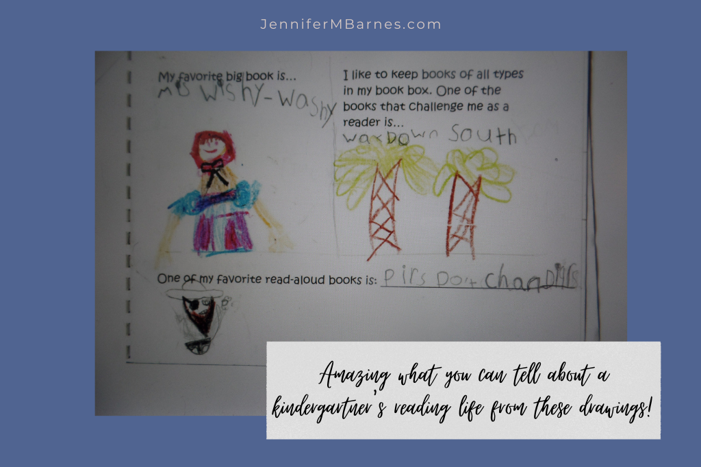 Image of a child's writing and drawing sharing favorite big book, challenging book for her to read, and favorite book read by teacher.