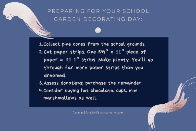 Visual giving tips for preparing for a School Garden Decorating Day of your own.