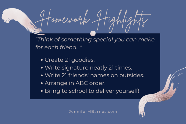 Tip sheet for teachers highlighting the components of this homework engagement: create 21 special greetings, add signature, address to friends, alphabetize, bring to school to deliver