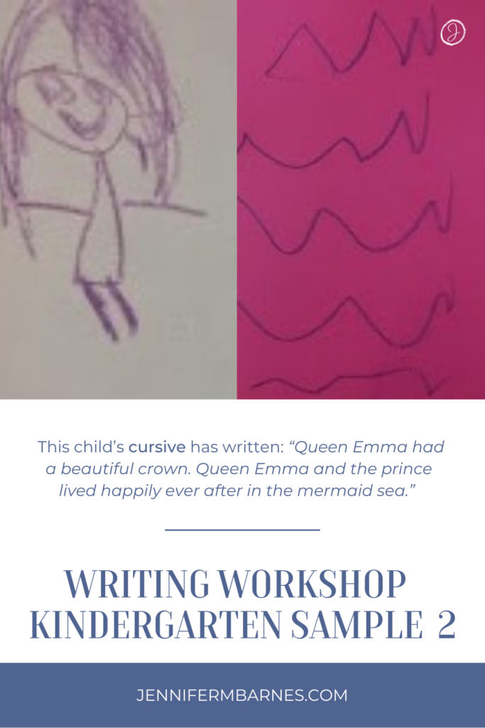 Child-written sample showing how-to writing kindergarten children do. This writer uses "cursive" writing. Child tells the story of a princess living happily forever after in the mermaid sea.