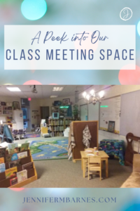 Spanning a kindergarten classroom, this morning meeting kindergarten space is open and spacious. In the foreground is a dramatic play area welcoming children.