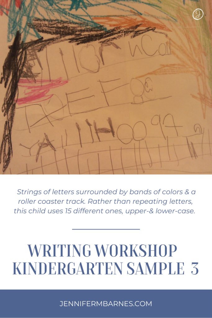 Another of our writing workshop examples showing strings of letters surrounded by bands of colors & a roller coaster track. Rather than repeating letters, this child uses 15 different ones, upper-& lower-case.