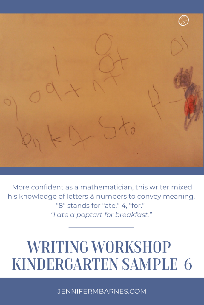 More confident as a mathematician, this writer mixed his knowledge of letters and numbers to convey meaning. “8” stands for “ate.” 4 represented “for.” Thus, “I ate a poptart for breakfast.” Writing Workshop kindergarten mini lessons paved the way.