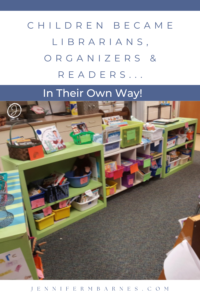 This kindergarten classroom layout features a library of tubs labeled and set up by the children.