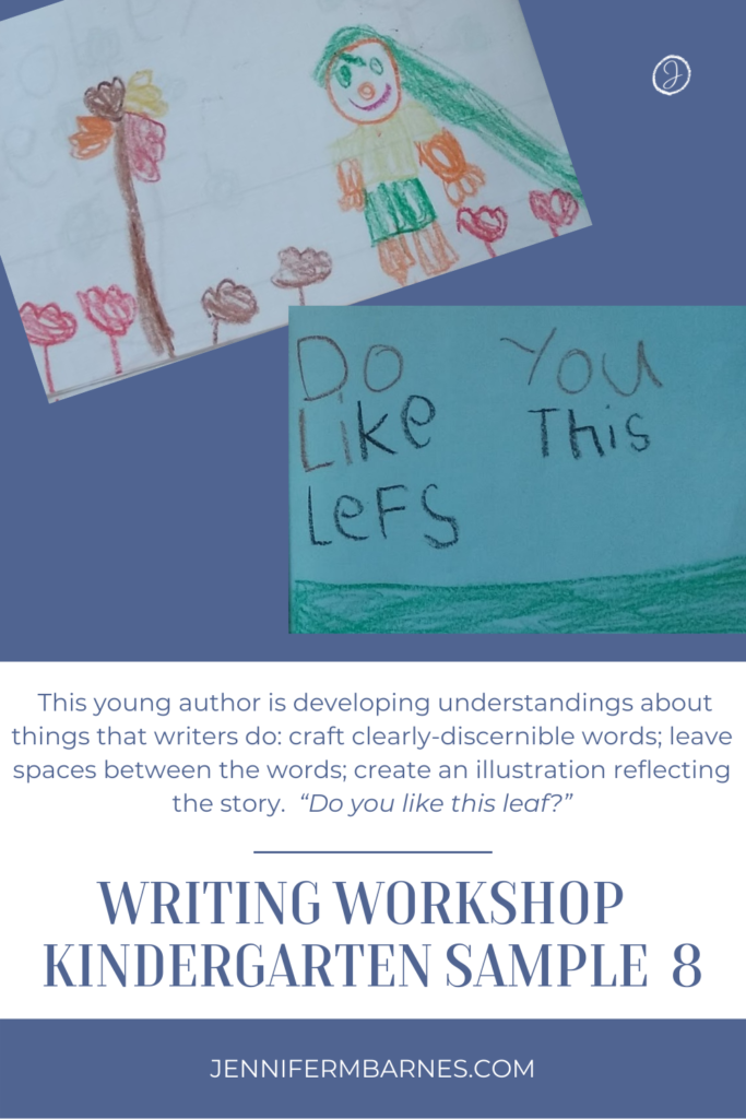 Kindergarten writing standards clearly surface here. This young author is developing understandings about things that writers do: craft clearly-discernible words; leave spaces between the words; and create an illustration reflecting the story. “Do you like this leaf?”