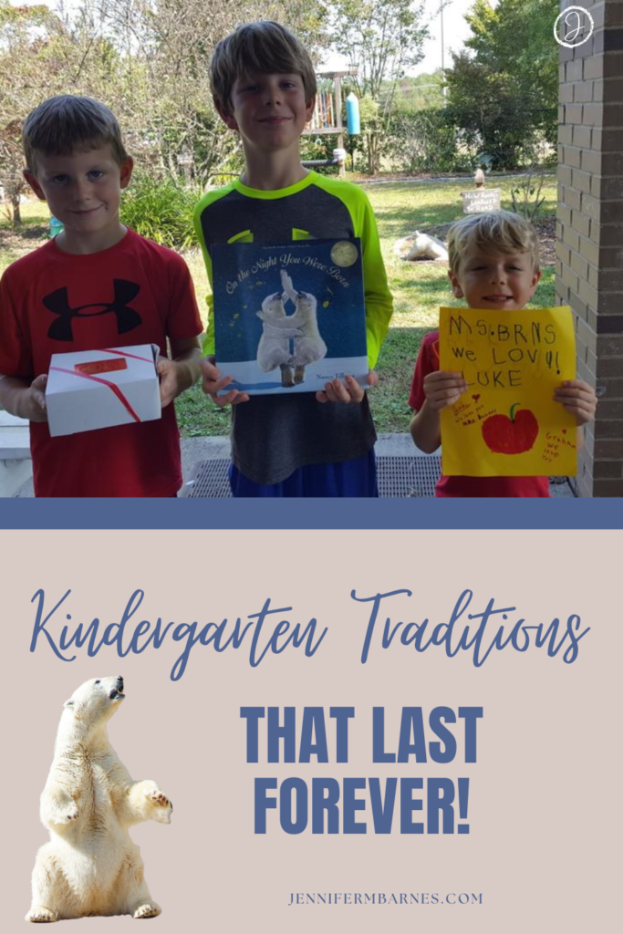 Visual of 3 brothers of all ages with a picture book, a handmade card, and a present. Words say, "Kindergarten Traditions That Last Forever!"