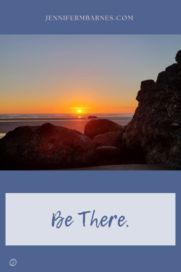 Image of Oregon beach at sunset with the caption, "Be there."