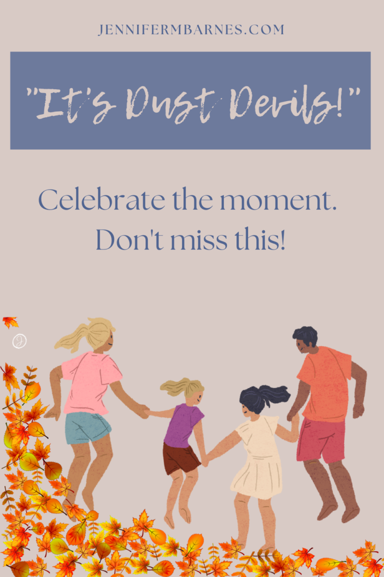 Image representing children dancing in a swirl of leaves with the caption of "It's Dust Devils! Celebrate the moment. Don't miss this!"