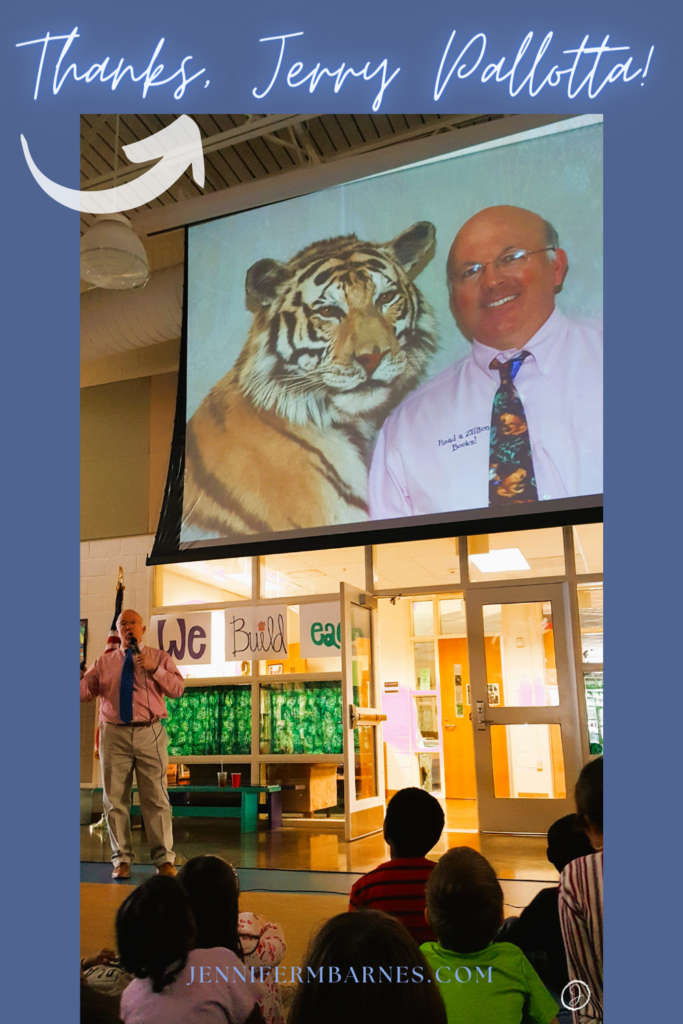 Image of author visits with Jerry Pallotta. Jerry is speaking at the front of a school crowd. Above him is his image and slide show presentation on a large screen. Text says, "Thanks, Jerry Pallotta!"