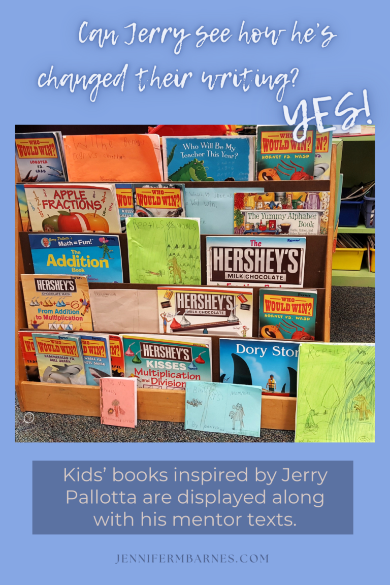 Image of an elementary school bookshelf featuring "real" books by Jerry Pallotta displayed alongside children's books. Caption says, "Can Jerry see how he's changed their writing? YES!"