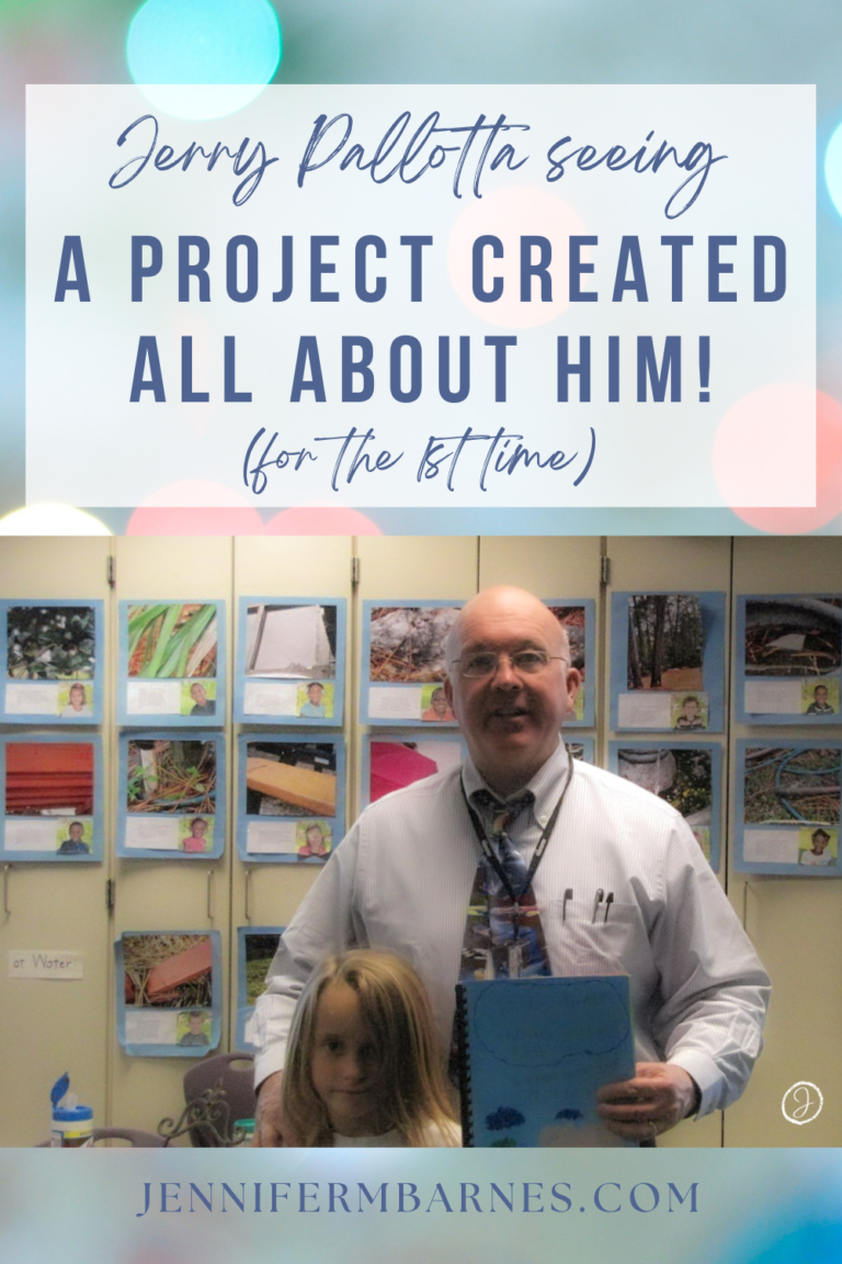 Image of Author Jerry Pallotta visiting with student. Jerry is holding an expert project about his life and work created by the child