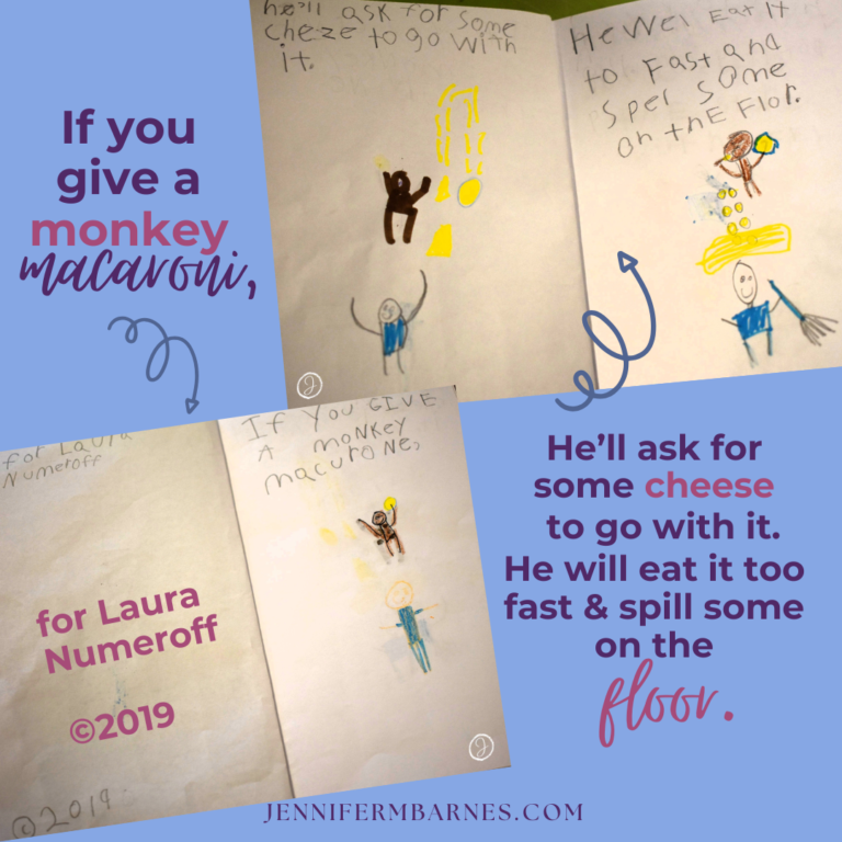 Children's author, Laura Numeroff, inspired this child's writing. Photos of a child's handwritten and illustrated story about "If you give a monkey macaroni..."