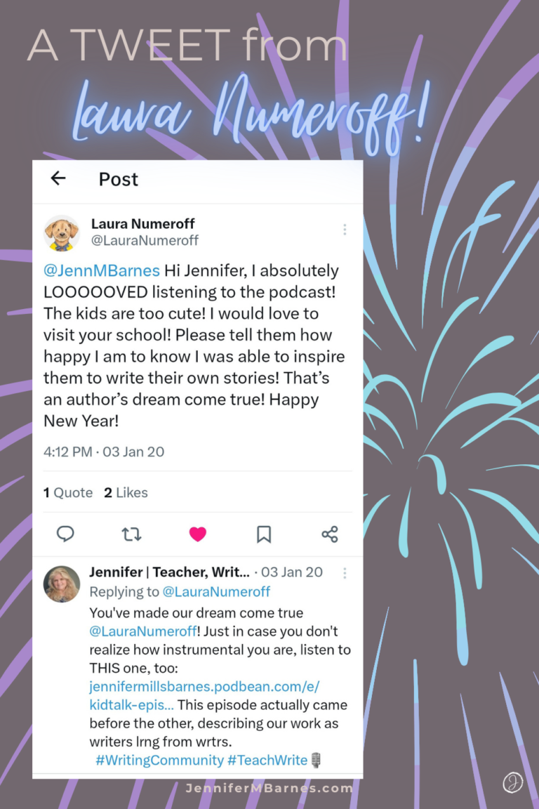 Image of a photograph showing a Tweet sequence between a teacher and children's author, Laura Numeroff, talking about her books