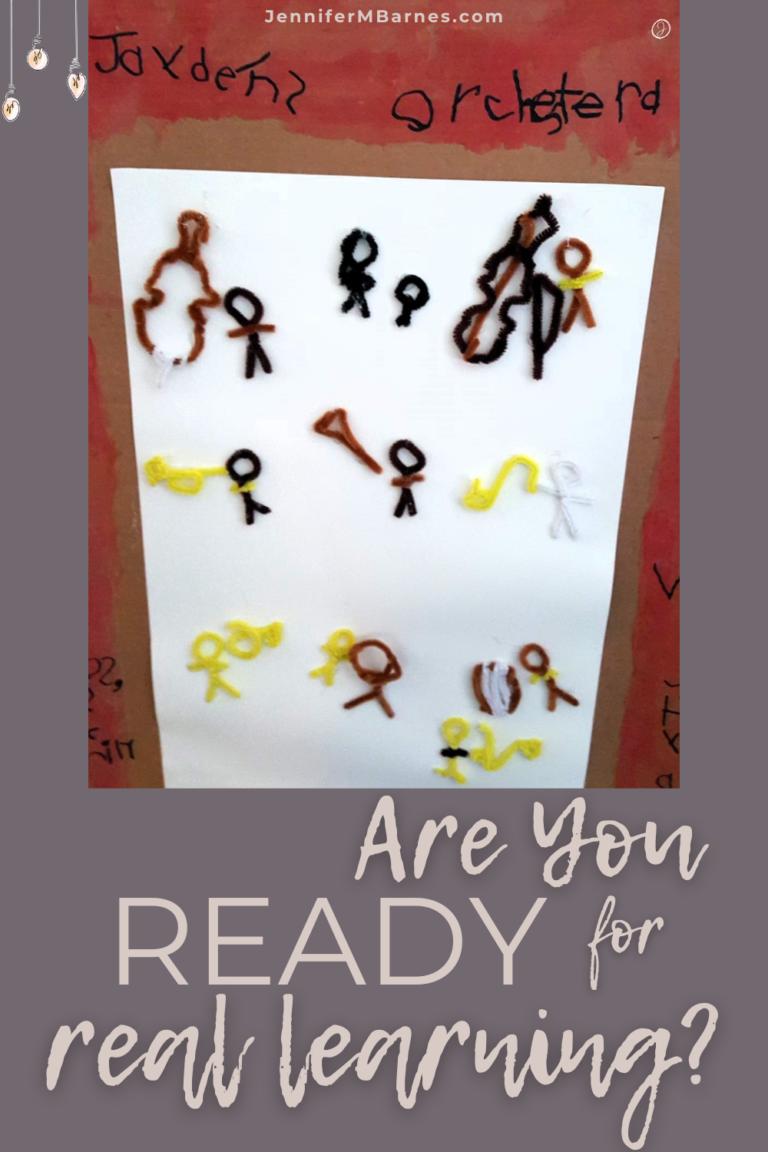 Image of a child-made poster of a variety of orchestra instruments - all from pipe cleaners! Text says, "Are you ready for real learning?"