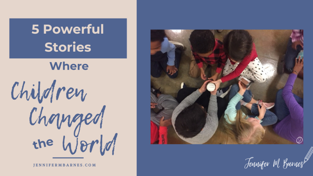 Featured image showcasing post, "5 Powerful Stories where Children Changed the World" with image showing a birds' eye view of children passing cans