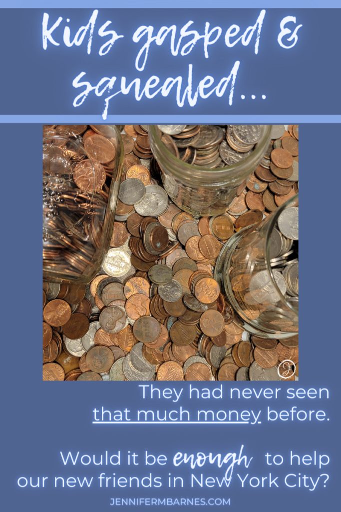 Image showing pennies, nickels, dimes, and quarters spread across the page. Text says, "Kids gasped and squealed. They had never seen that much money before. But, would it be enough to help their new school friends in New York City?"