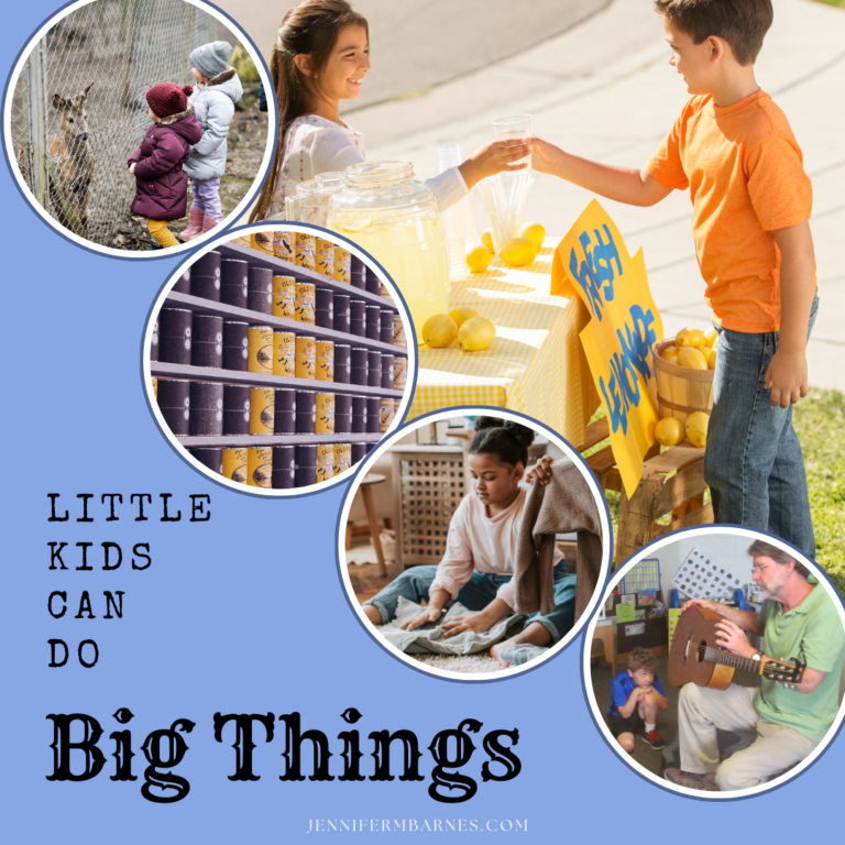 Image shows 5 different pictures of children changing the world: hosting a lemonade stand, playing music, folding donated blankets, arranging canned foods, visiting the zoo to see an animal they helped. Text says, "Little Kids can do Big Things."