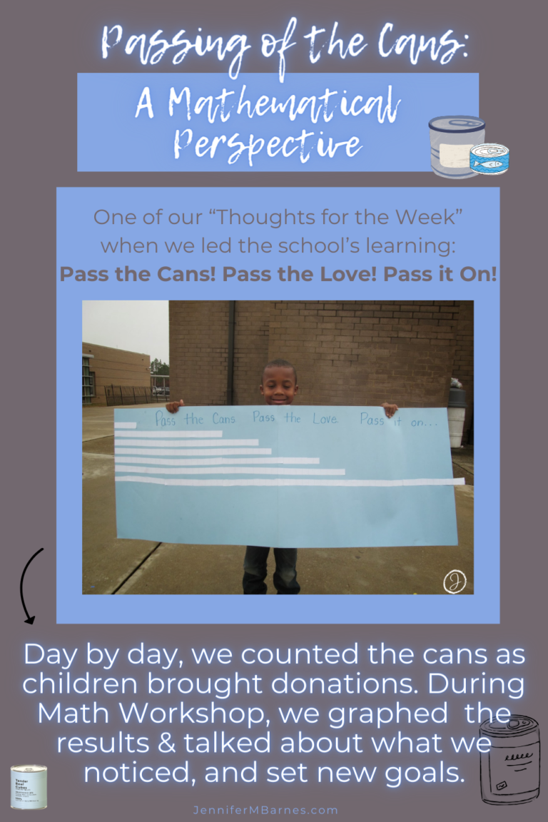 Image shows a child showing a hand-made graph with a few squares first followed by more and more squares for each line. The increasing line shows how many items the children collected for their canned food drive. Image says, "Passing of the Cans: A Mathematical Perspective."