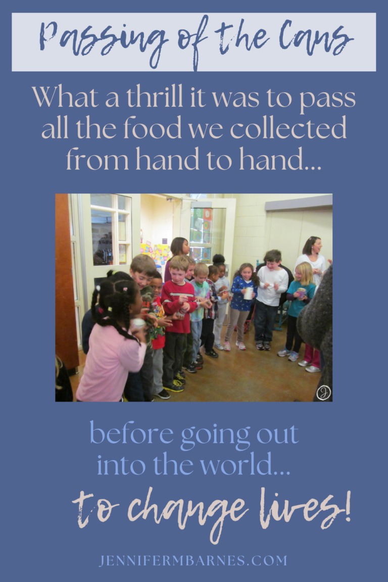 Image of children passing canned goods from hand-to-hand of all the canned food drive items donated in the school. The text says, "Passing of the Cans: What a thrill it was to pass all the food we collected from hand to hand!"
