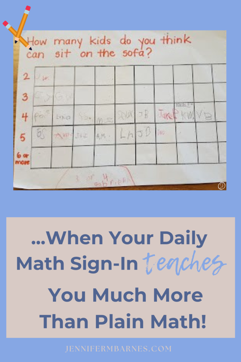 Image of a daily math sign-in chart with the question: How many kids do you think can sit on the sofa? 2, 3, 4, 5, 6 or more? Text says, "When your daily math sign-in teaches you much more than plain math!"