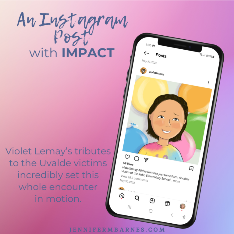 Image of a phone with an instagram post from Violet Lemay's Instagram account. Text says, "An Instagram Post with Impact: Violet Lemay's tribute to the Uvalde victims incredibly set this whole encounter in motion."