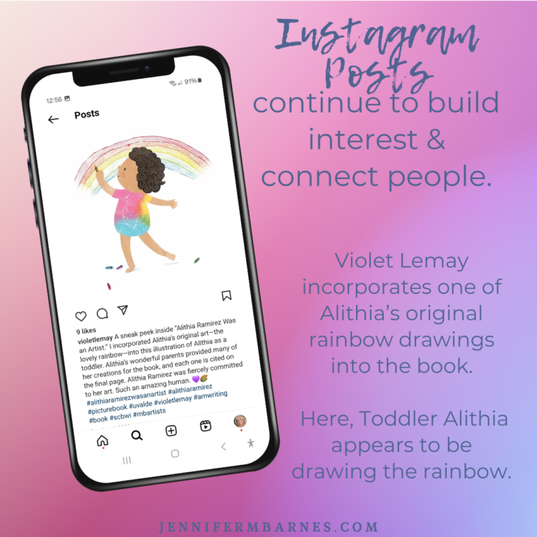 Image of Violet Lemay's Instagram post of Alithia as a toddler. She appears to be drawing a rainbow, but the rainbow actually is one of Alithia's original drawings that Violet incorporated in the book.