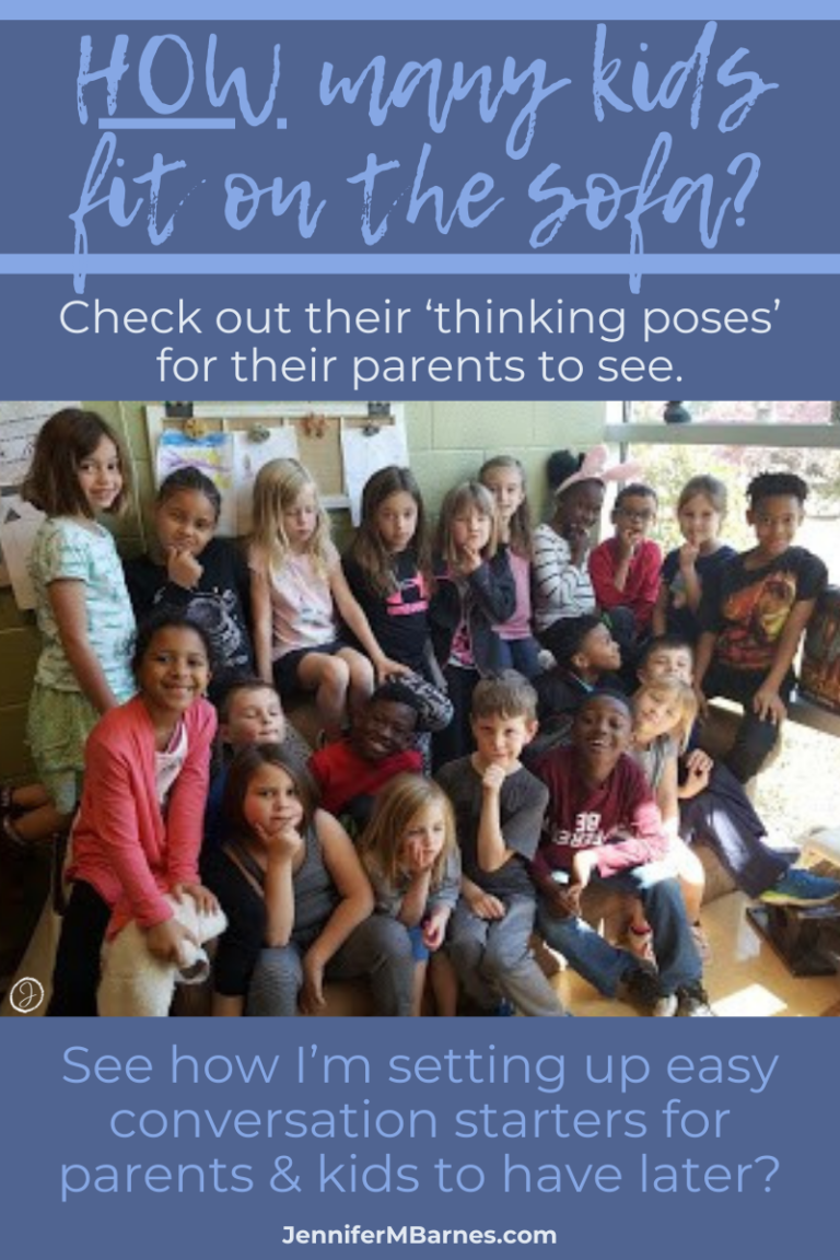 Image of an entire class of first graders squeezing onto a sofa. Text says, "How many kids fit on the sofa? Check out their thinking poses for their parents to see. See how I'm setting up their conversation-starters for parents and kids to have later?"