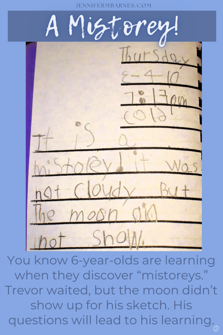 Image showing a page from a 6-year-old's moon log. "This is a mistorey! It was not cloudy, but the moon did not show."