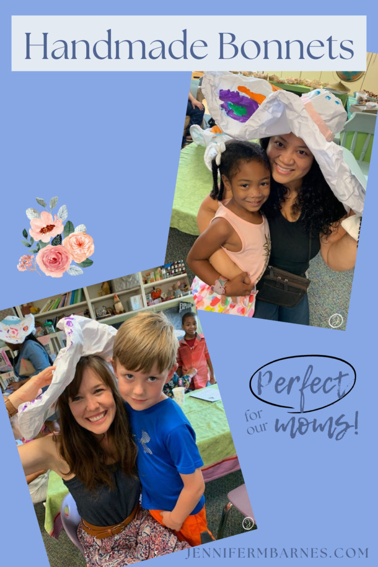 Handmade bonnets for moms are created out of huge coffee filters and tempera paint. Text says, "Handmade bonnets - perfect for our moms!"