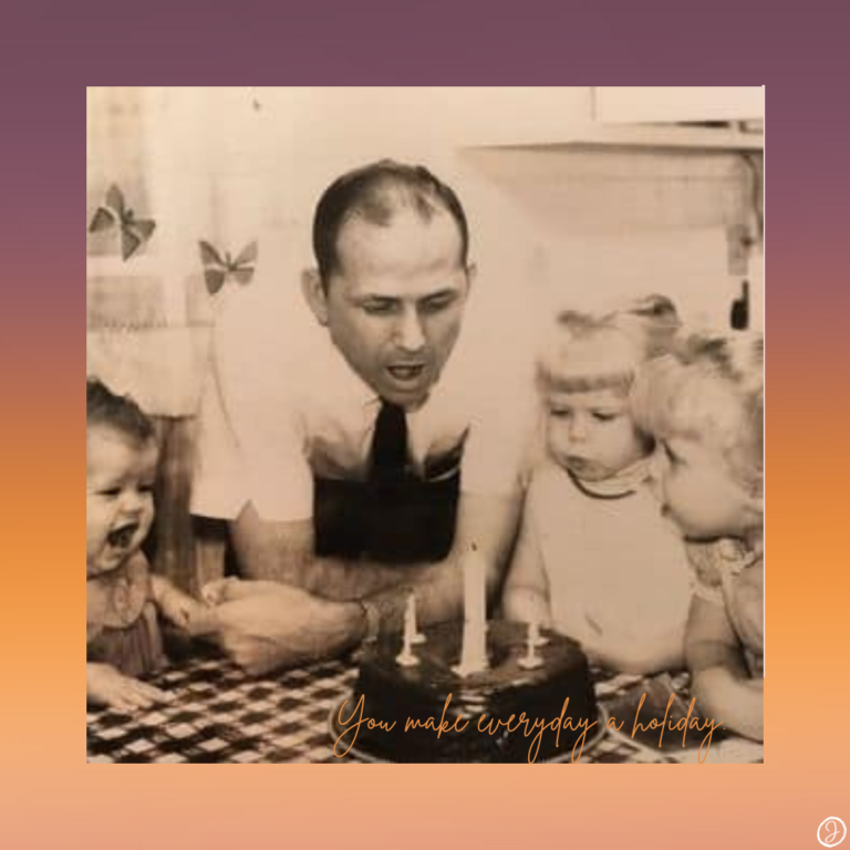 Image of my dad and me with a muted background. Also in the image are my two older sisters, blowing out candles on a cake.