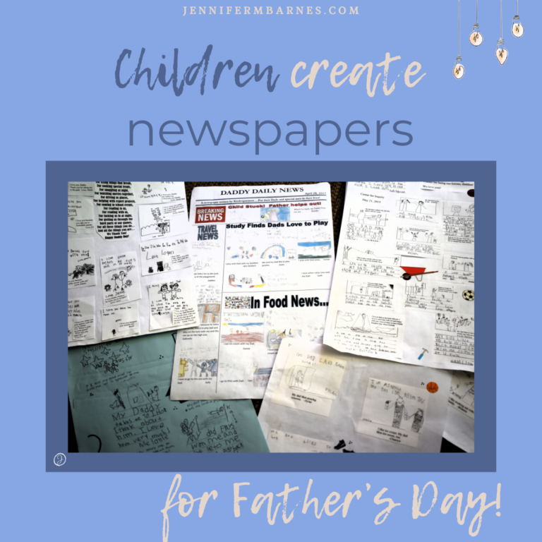 Image is an assortment of child-made "newspapers" sharing their words and pictures about what they do with their fathers.