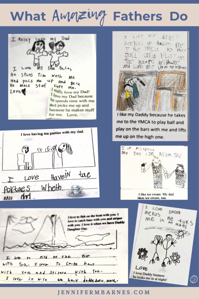 Varied kindergartners' stories about the things their fathers do with them: fish, eat ice cream, help with monkey bars, and more.