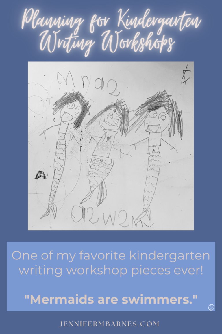 Image is from a kindergartner's Writing Workshop piece on the first day of school showing mermaids.