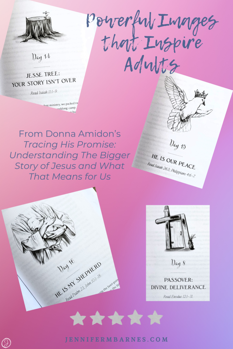 This image features 4 different illustrations from Donna Amidon's book "Tracing His Promise" - which inspire adults to read further. Five stars!