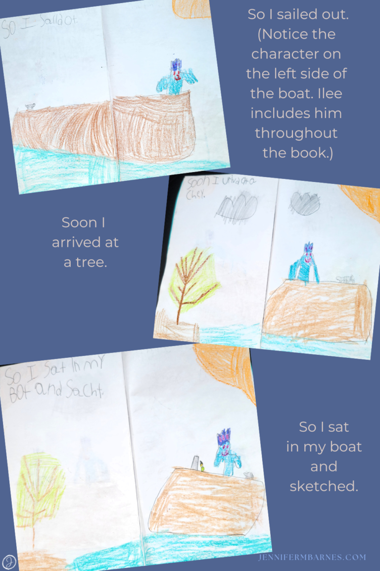 The middle pages of a child's book based on Dan Santat's "The Adventures of Beekle: An Unimaginary Friend."