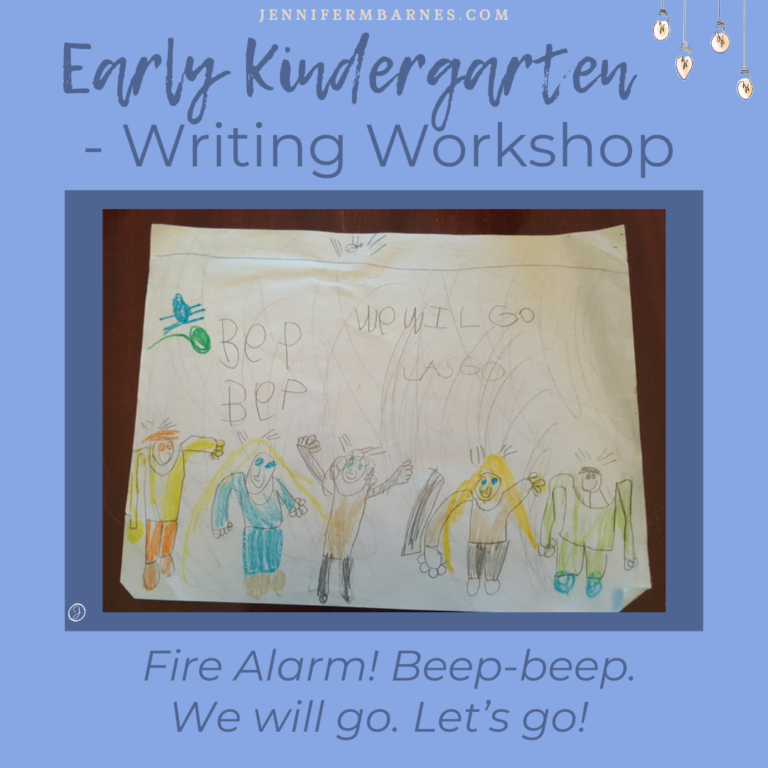 Image is from a kindergartner's Writing Workshop piece on the first day of school showing a fire alarm beeping and children running around, making plans.