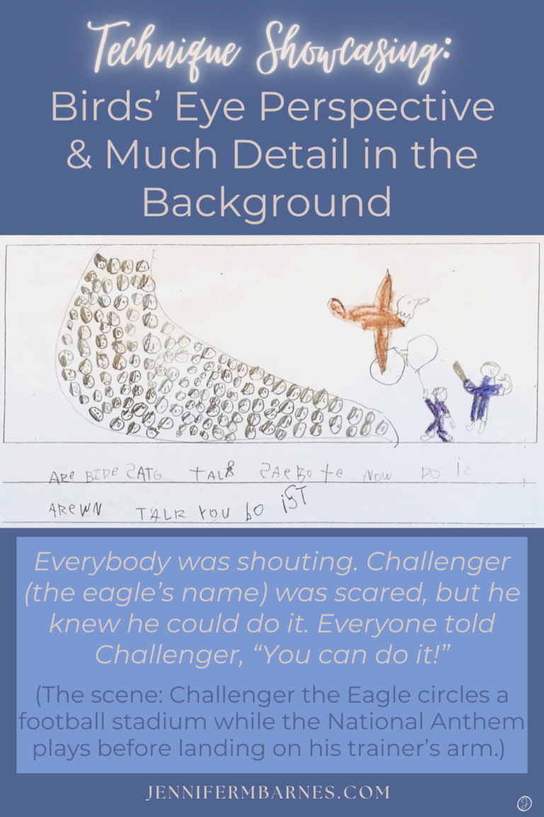 A child's drawing of Challenger, the Eagle, flying above a crowd while the National Anthem plays. Many heads of the crowd show. Words discuss the technique of drawing from a "birds' eye view."