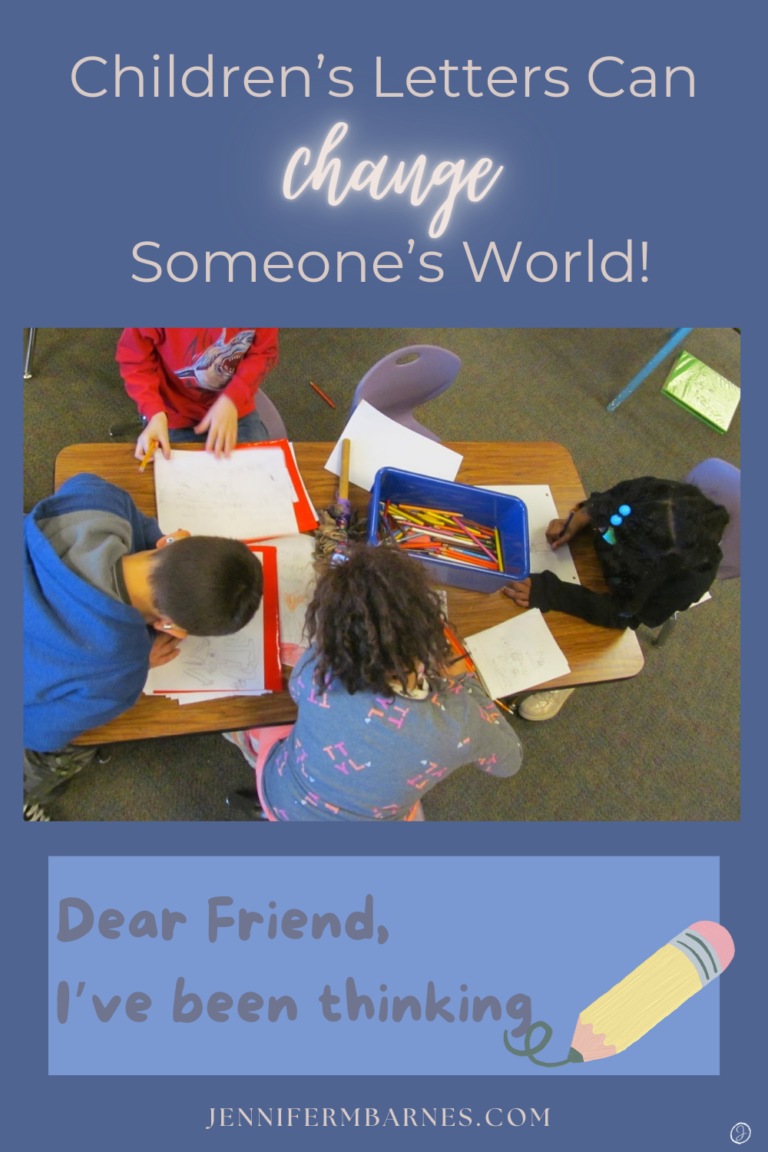 Birds-eye view of a group of children writing letters at a table. Text says, "Children's letters can change someone's world!"