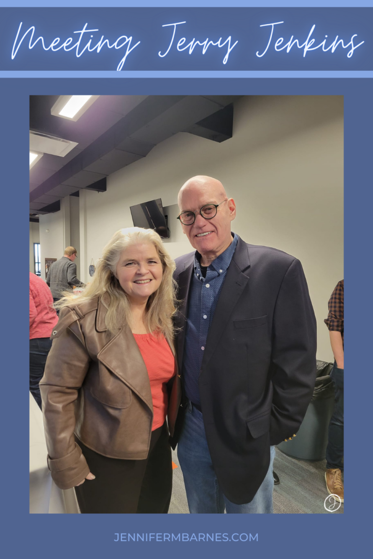 "Meeting Jerry Jenkins" text alongside image of Jennifer M. Barnes meeting Jerry Jenkins