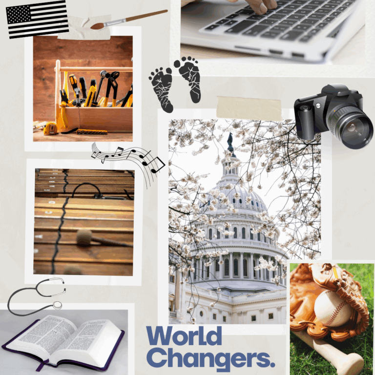 Image of multiple symbols and photos representing the occupations chosen by the authors' former students over the years: computer, camera, Congress building, baseball, Bible, xylophone, stethoscope, paintbrush, architect's tools, baby feet. Text says, World Changers.