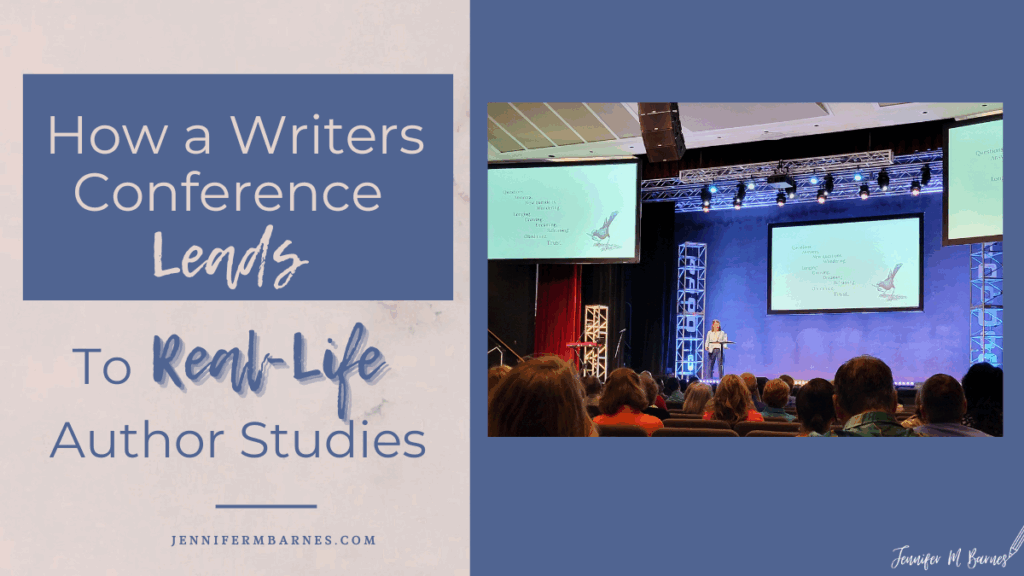 Featured image for blog post on "How a Writers Conference Leads to Real-Life Author Studies" with an image of an author presenting her key-note presentation