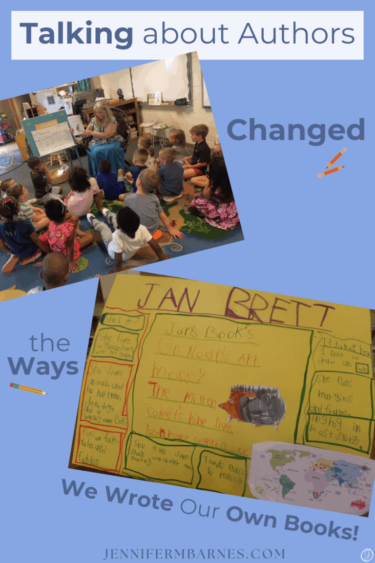 Image showing a class of children reading a book with their teacher followed by a picture of a child's author project