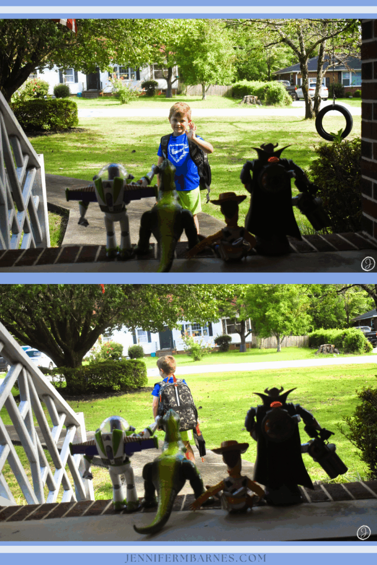 Two images of a kindergartner heading off to school for the first time with his backpack and lunchbox. On the porch are his Toy Story toys waving goodbye.