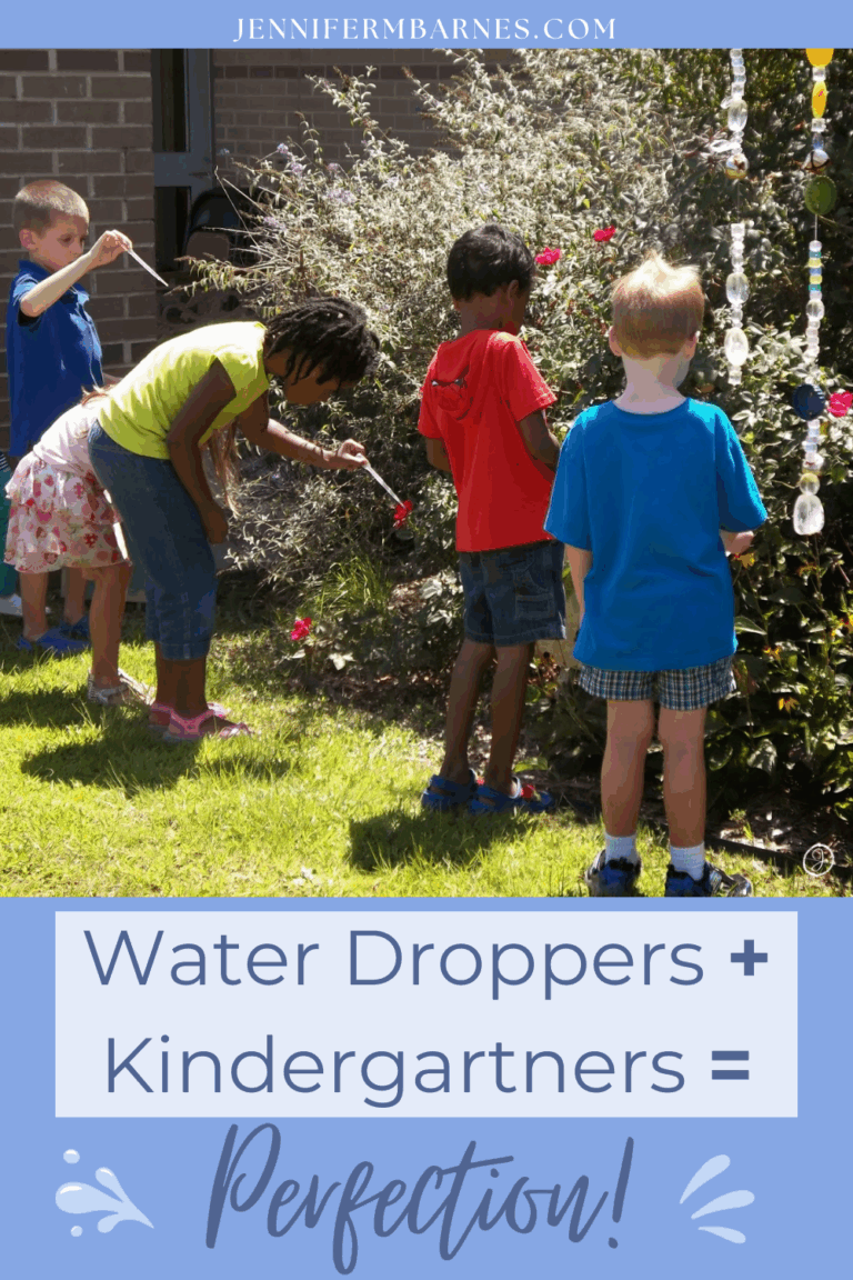 Image of five kindergartners using water droppers around a bush. Words say "Water droppers + Kindergartners = Perfection"