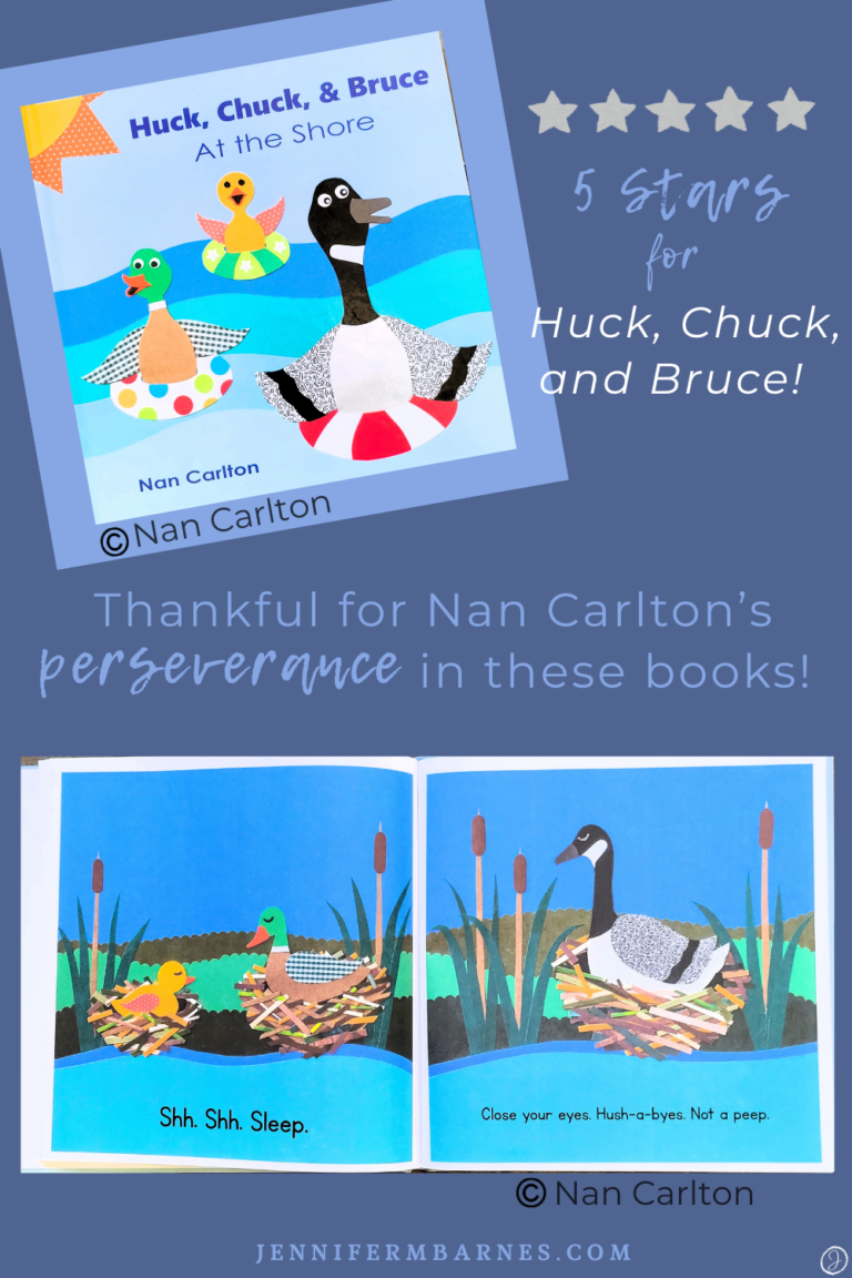 Image of Nan Carlton's book and illustrations made from collage. Text says, "5 stars for 'Huck, Chuck, and Bruce!"