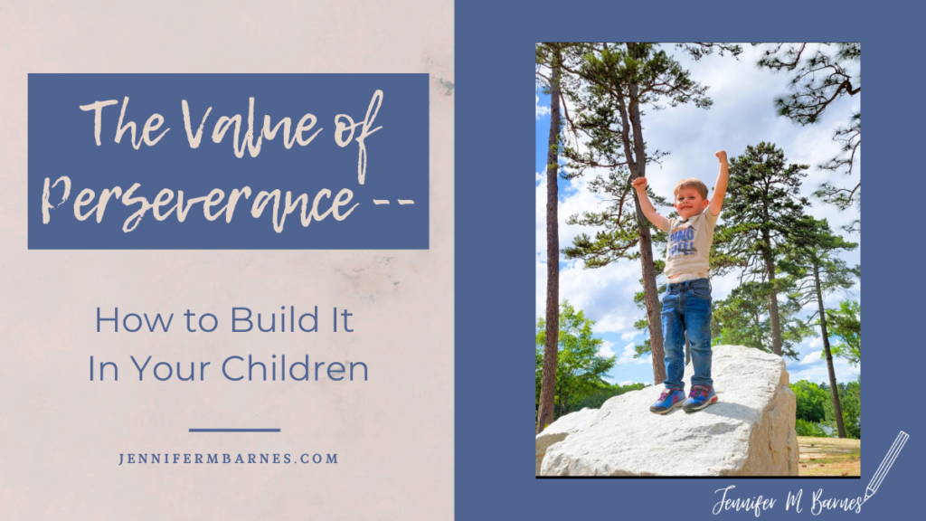 Featured Title image for a blog post on Building Perseverance. The image showcases a child standing at the top of a boulder with arms wide in triumph.