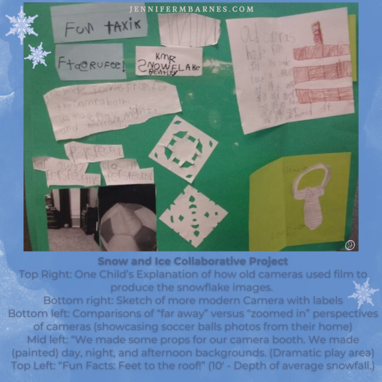 A continuation of pictures showcasing the knowledge of kindergartners who studied snow and created a project to show their learning.