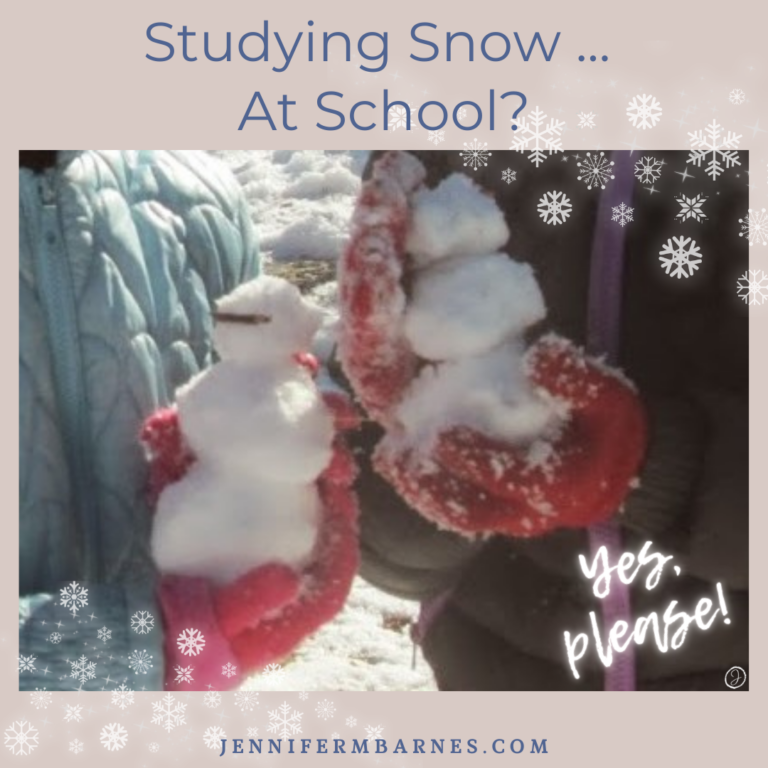 Image of tiny, child-made snowmen held in the hands of children. Text says: Studying Snow at School?