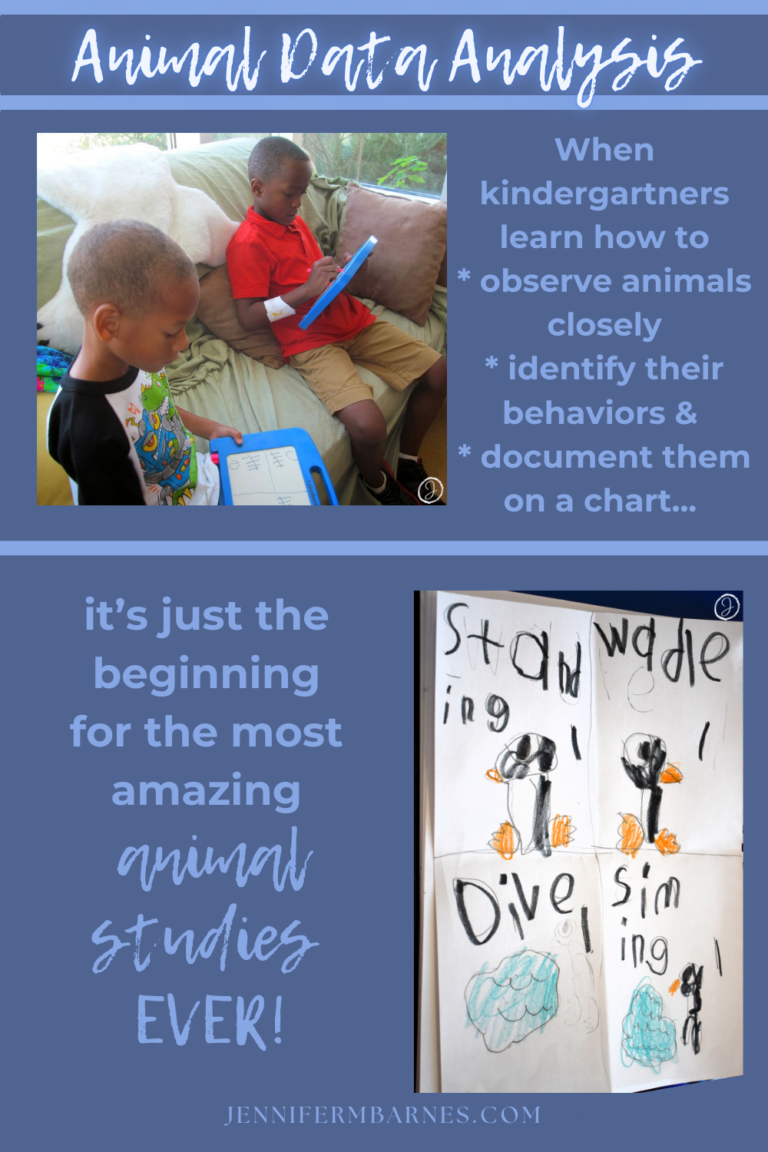 Images of children jotting descriptions of penguins and tallying the behavior they noticed the penguins doing as well as a second picture showing what one of their documents looked like